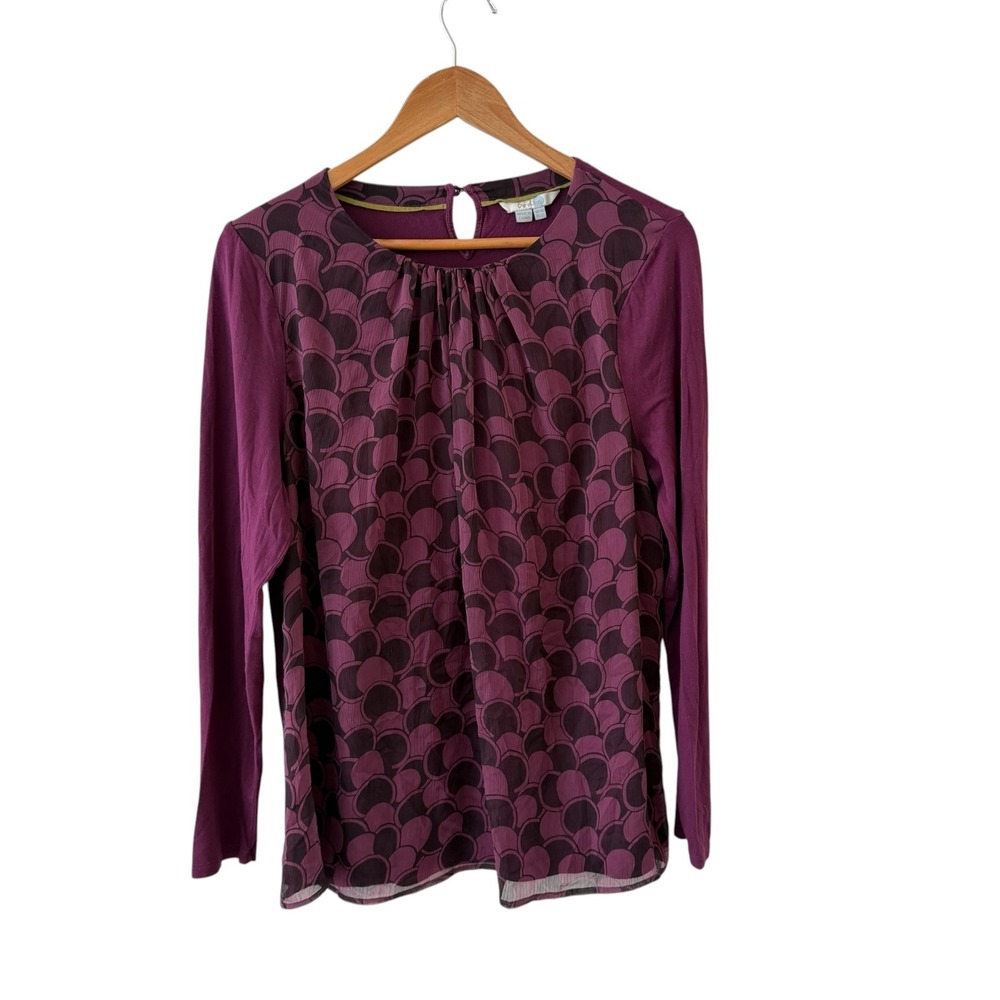 Boden Jersey Chiffon Top Womens 12 Purple Geometric Stretch Classic Career